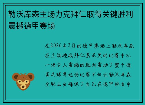 勒沃库森主场力克拜仁取得关键胜利震撼德甲赛场 勒沃库森主场力克拜仁取得关键胜利震撼德甲赛场