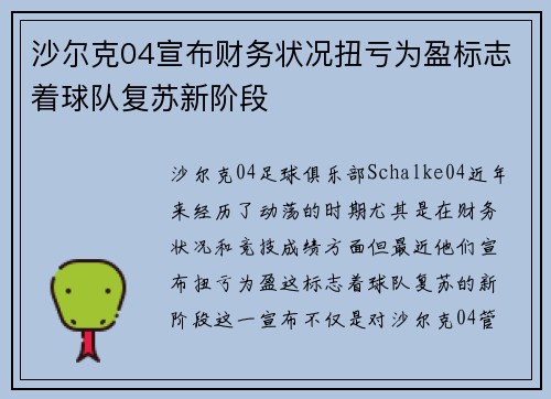 沙尔克04宣布财务状况扭亏为盈标志着球队复苏新阶段