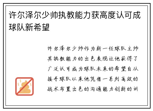 许尔泽尔少帅执教能力获高度认可成球队新希望 许尔泽尔少帅执教能力获高度认可成球队新希望